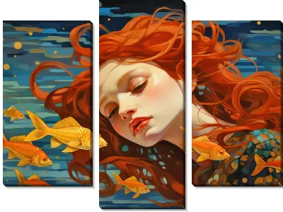 Модульная картина Девушка и рыбы в стиле арт №2