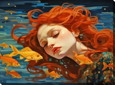 Картина маслом Девушка и рыбы в стиле арт №2