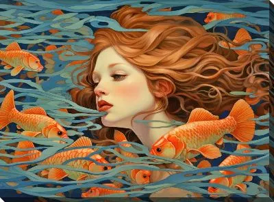 Картина маслом Девушка и рыбы в стиле арт №3