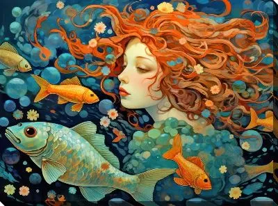 Картина маслом Девушка и рыбы в стиле арт №4