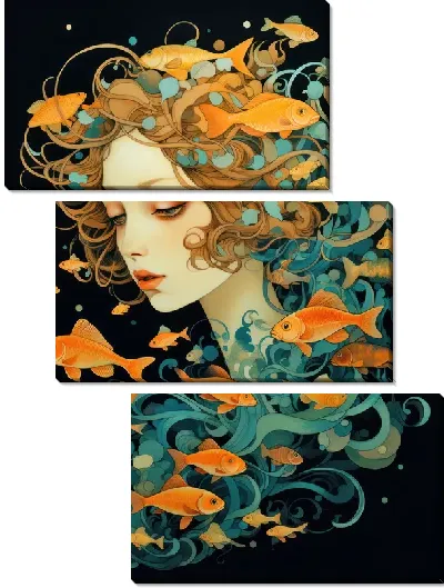 Модульная картина Девушка и рыбы в стиле арт №5