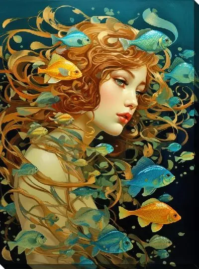 Картина маслом Девушка и рыбы в стиле арт №6