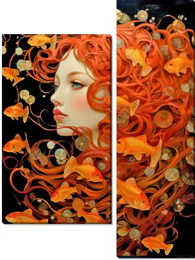 Модульная картина Девушка и рыбы в стиле арт №7