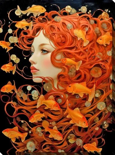 Картина маслом Девушка и рыбы в стиле арт №7