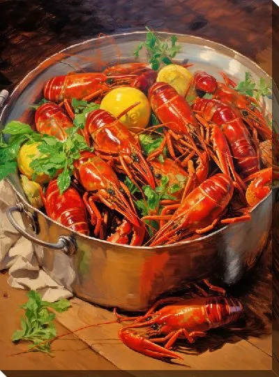 Картина маслом Вареные раки в кастрюле