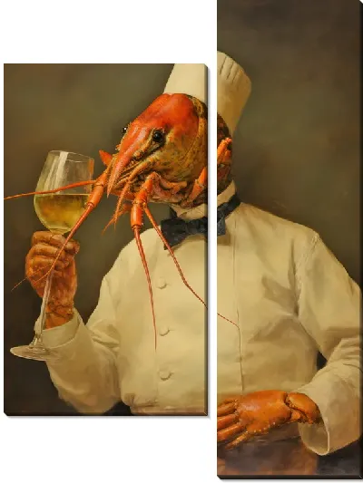Модульная картина Рак-повар пьет вино