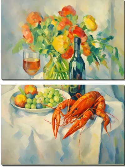 Модульная картина Рак и букет цветов с вином и фруктами