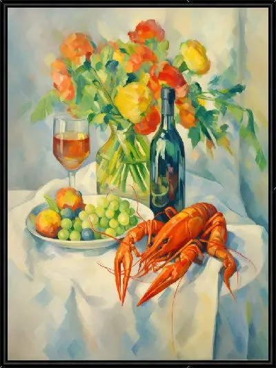 Картина Рак и букет цветов с вином и фруктами