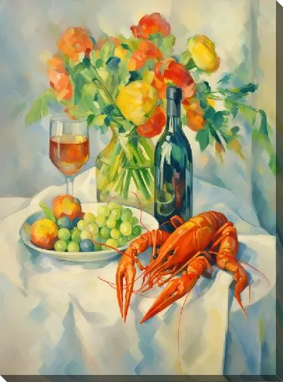 Картина маслом Рак и букет цветов с вином и фруктами