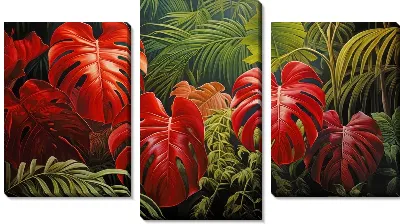 Модульная картина Красные листья монстеры в джунглях №34