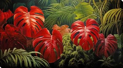 Картина маслом Красные листья монстеры в джунглях №34