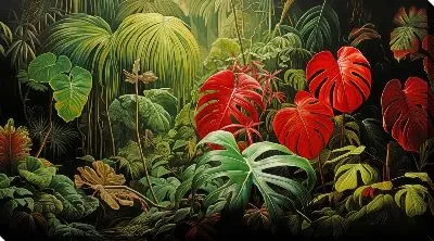 Картина маслом Красные листья монстеры в джунглях №35
