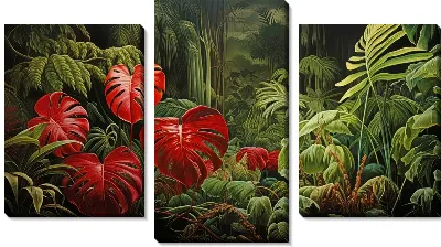 Модульная картина Красные листья монстеры в джунглях №36