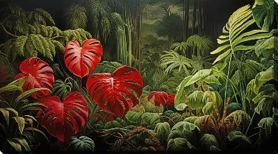 Картина маслом Красные листья монстеры в джунглях №36