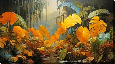 Картина маслом Желтые листья монстеры в джунглях №41