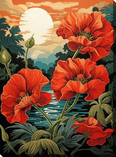 Картина маслом Маки на закате