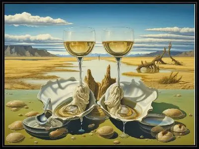 Устрицы и бокалы с шампанским в стиле сюрреализм