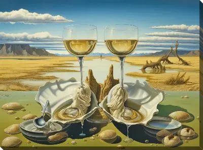 Картина маслом Устрицы и бокалы с шампанским в стиле сюрреализм