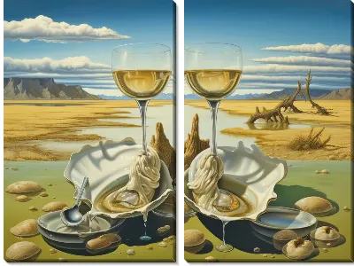 Устрицы и бокалы с шампанским в стиле сюрреализм