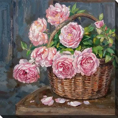 Картина маслом Розовые розы в плетенной корзине