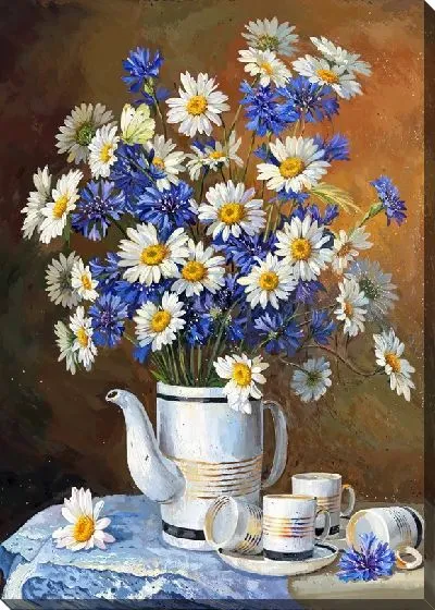 Картина маслом Белые и синие ромашки