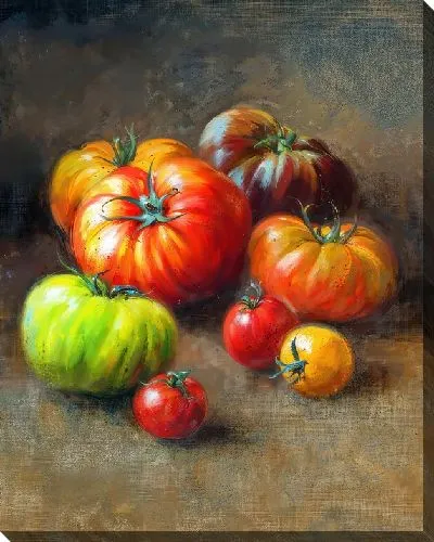 Картина маслом Натюрморт с томатами на коричневом фоне
