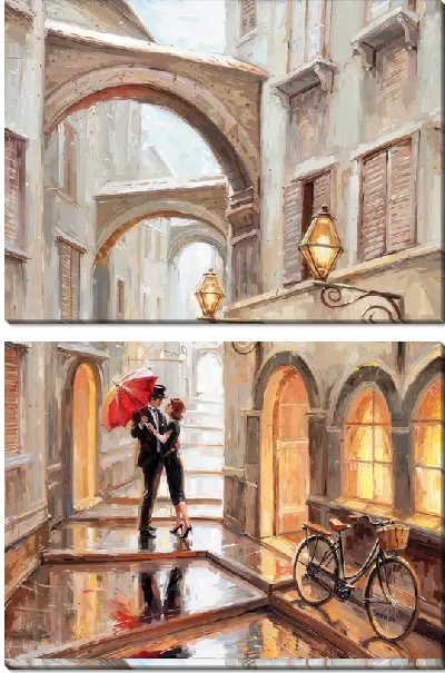 Модульная картина Любовь под зонтом в переулке