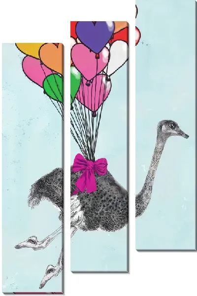 Модульная картина Страус и воздушные шары в виде сердец