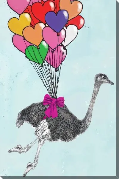 Постер Страус и воздушные шары в виде сердец
