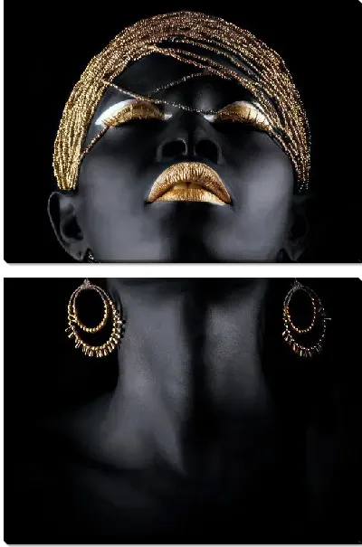 Модульная картина Африканка с украшениями и золотыми губами