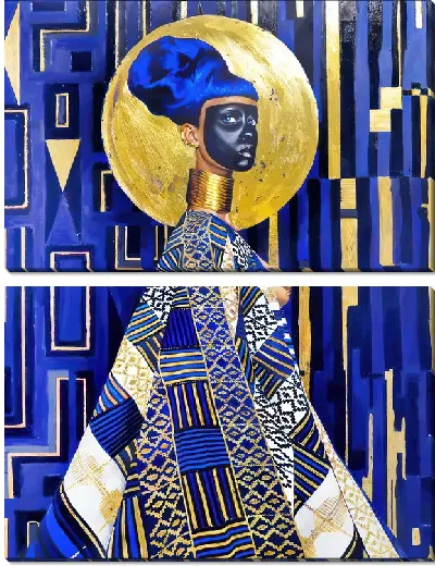 Модульная картина Женщина в стиле Климта с синим фоном