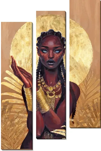 Модульная картина Африканка на фоне золотого круга и листьев