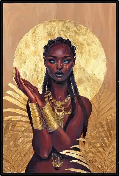 Картина Африканка на фоне золотого круга и листьев