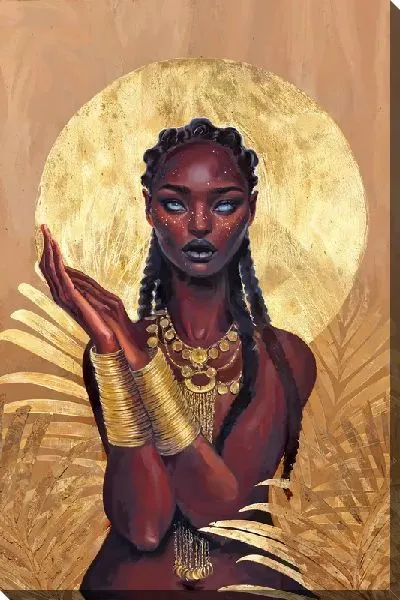 Постер Африканка на фоне золотого круга и листьев