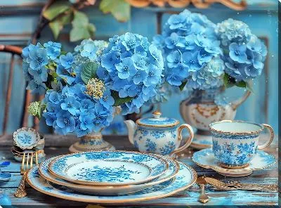 Картина маслом Посуда и гортензии