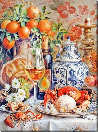 Картина маслом Посуда, вино и морепродукты