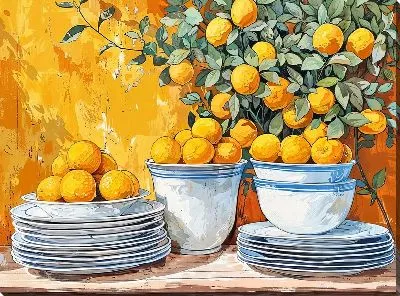 Картина маслом Посуда и лимоны №45