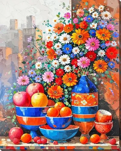 Картина маслом Посуда, фрукты и цветы