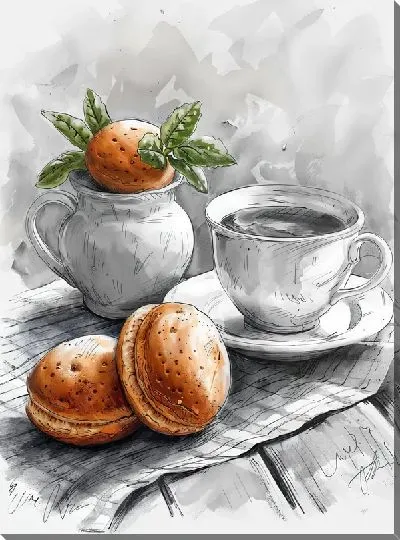 Картина маслом Чай в чашке и выпечка