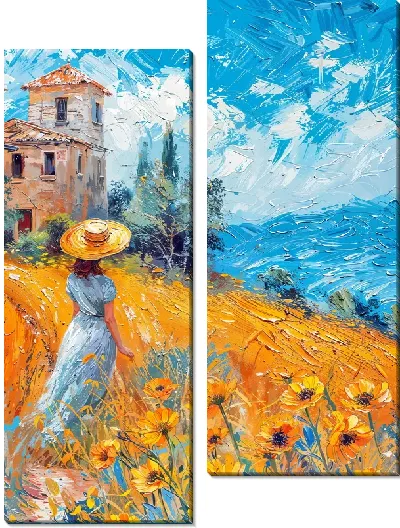 Модульная картина Девушка в шляпе и полевые цветы