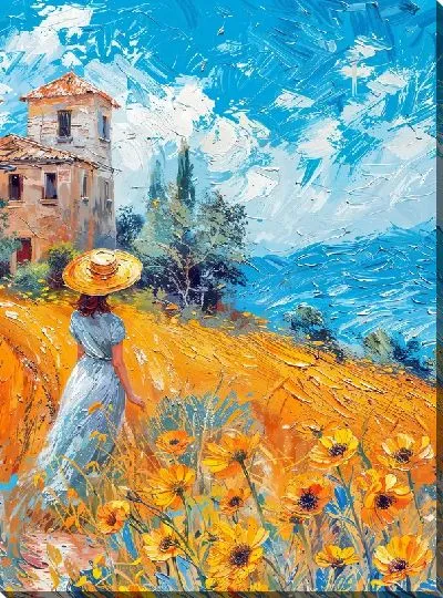 Картина маслом Девушка в шляпе и полевые цветы