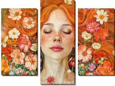 Модульная картина Рыжеволосая девушка в цветах
