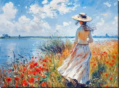 Картина маслом Девушка в платье у озера