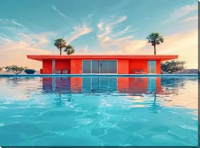 Картина маслом Стильный дом у бассейна