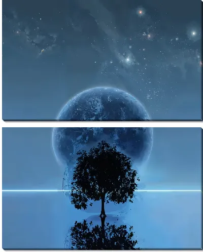 Модульная картина Дерево на фоне синей Луны