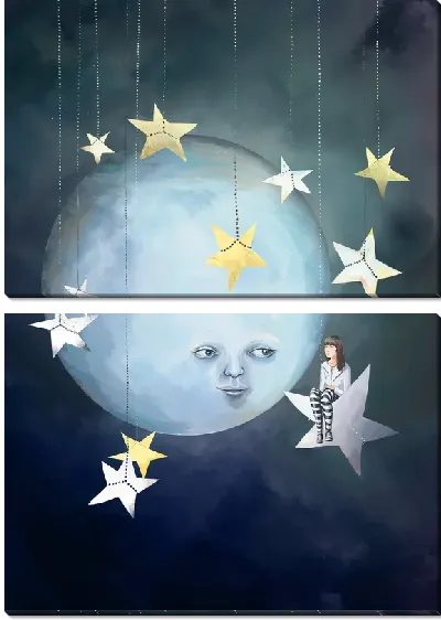 Модульная картина Девочка и Луна со звездами