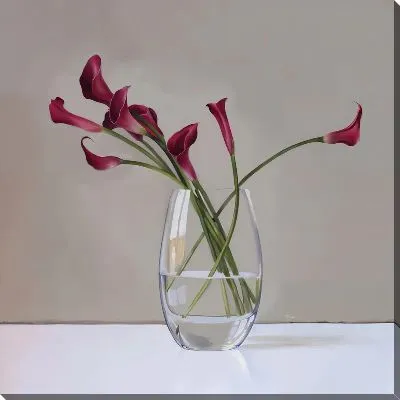 Картина маслом Каллы в прозрачной вазе