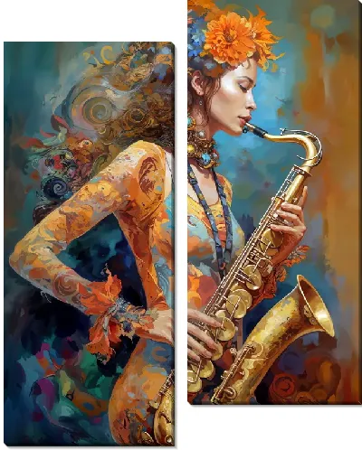 Модульная картина Девушка играет на саксофоне