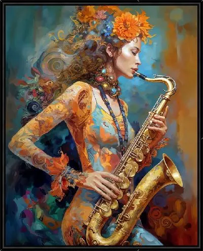 Картина Девушка играет на саксофоне