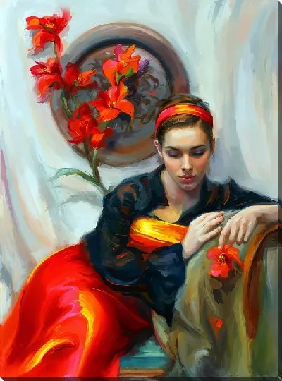 Картина маслом Девушка в красном с цветами